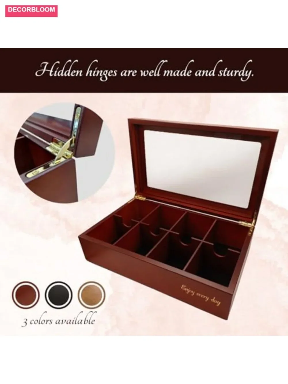 Wooden Tea Box with Glass Lid, 8-Compartment Storage for Tea Bags